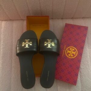 Tory Burch Black Slide Sandals with Gold Logo